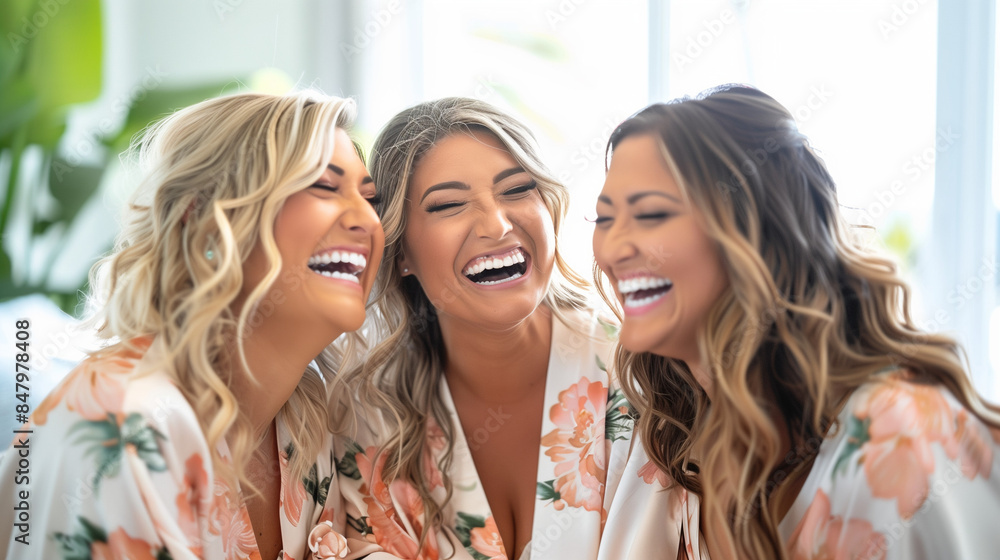Bridesmaids Laughing Together, Joyful Mood, Wearing Floral Robes Indoors Bridesmaids Laughing Together, Joyful Mood, Wearing Floral Robes Indoors