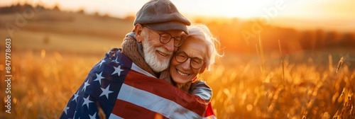 Joyful elderly couple wrapped in an American flag, embracing and smiling in a golden field at sunset. Generated AI