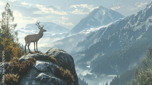 Deer watching on the mountain forest hill a high mountain