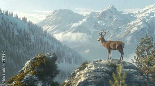 Deer watching on the mountain forest hill a high mountain