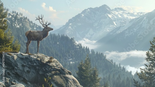 Deer watching on the mountain forest hill a high mountain