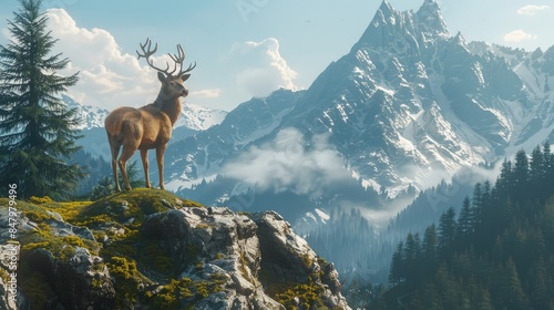 Deer watching on the mountain forest hill a high mountain