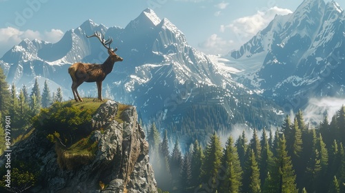 Deer watching on the mountain forest hill a high mountain