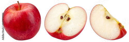 Apple isolated png. Red apple half and piece collection on transparent background. PNG format. Red apple slice set with no background. Full depth of field.