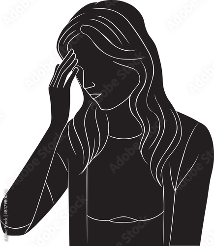 woman with depression, low depressed mood, mental health, post natal, domestic violence, hopeless alone sad grief, flat vector art, monochrome silhouette illustration