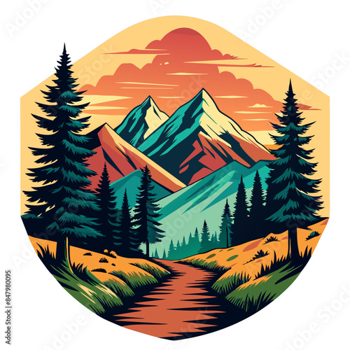 Hiking on the trails with a mountain in the distance. Vintage retro-style mountain and forest illustration for t-shirt design