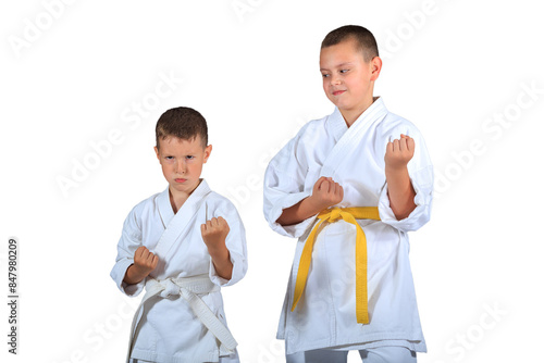 Two athletes in karategi on a white background