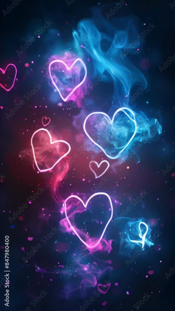 Neon Valentines day background, animated neon colors hearts on black, love card Neon Valentines day background, animated neon colors hearts on black, love card