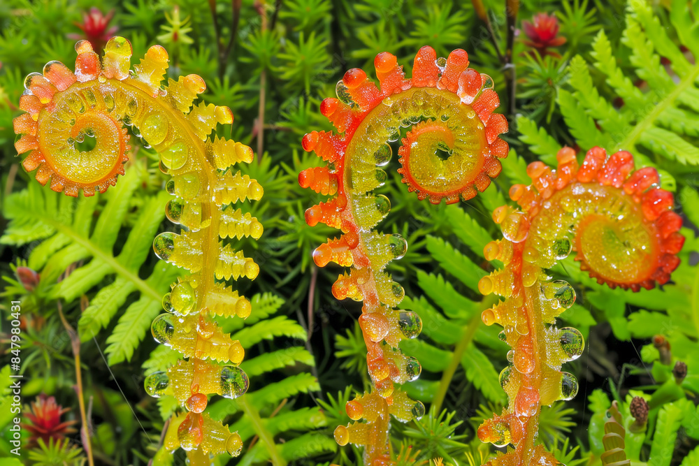 Naklejka premium Dew-covered fern fronds unfurling in a forest glade, with the intricate patterns of the fronds highlighted by the shimmering droplets, creating a sense of mystery and enchantment in the natural world