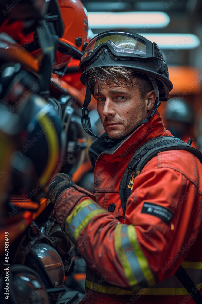 Elegant shot of a firefighter adjusting their helmet in a clean, modern fire station, Elegant shot of a firefighter adjusting their helmet in a clean, modern fire station,