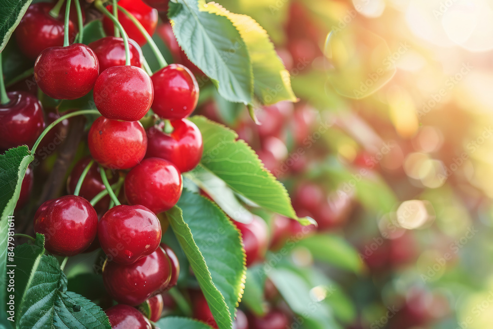 Ripe cherries hanging on a tree branch in orchard Ripe cherries hanging on a tree branch in orchard
