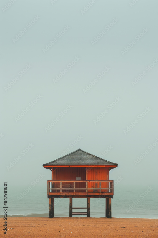 Fototapeta premium Minimalist image of a lifeguard station on a tranquil beach, with soft pastel tones,