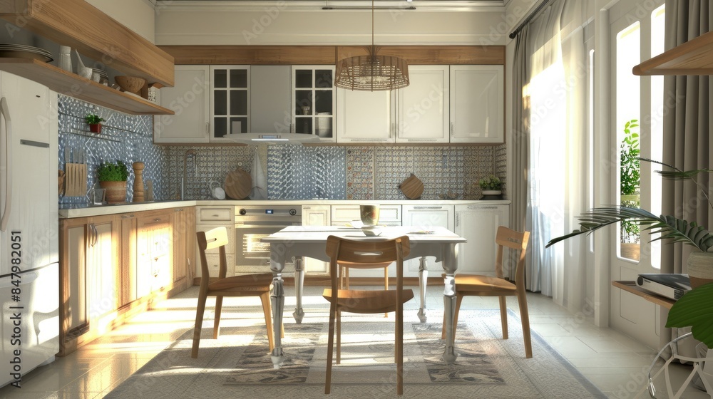 Fototapeta premium Dining room and kitchen space on white background
