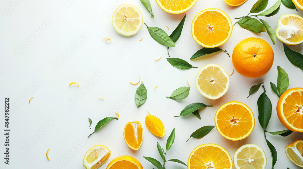 Fresh citrus fruits with green leaves on white background Fresh citrus fruits with green leaves on white background