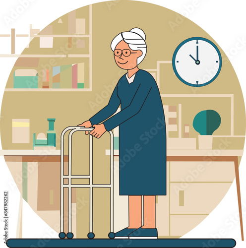 elderly old woman lady with walking frame, nursing home aged care, ageing population, flat vector art, color colour