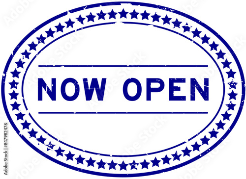 Grunge blue now open word oval rubber seal stamp on white background