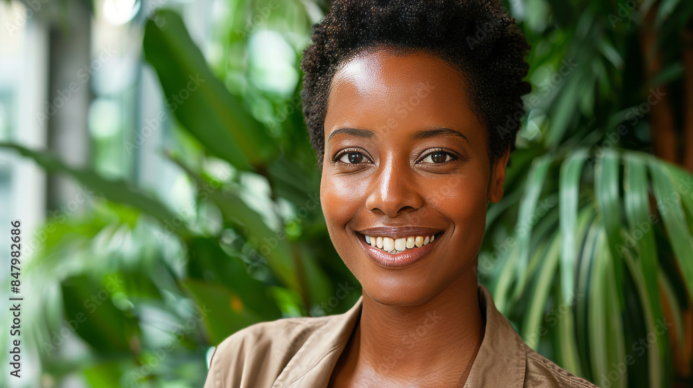 Smiling African American woman portrait with green background Smiling African American woman portrait with green background