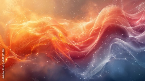 An abstract digital artwork with warm orange and red colors, resembling flowing silk with a cosmic background