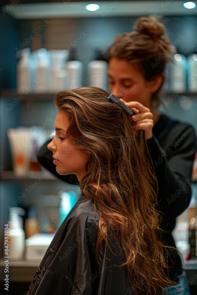 Elegant shot of a hairstylist using a flat iron on a woman's hair in a minimalist setting. Elegant shot of a hairstylist using a flat iron on a woman's hair in a minimalist setting.