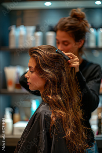 Elegant shot of a hairstylist using a flat iron on a woman's hair in a minimalist setting.