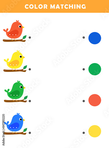 Color matching game for preschool kids. Color Matching Activities for Toddlers. Fun Puzzle with a Cute Cartoon Bird. Color matching worksheet for children.