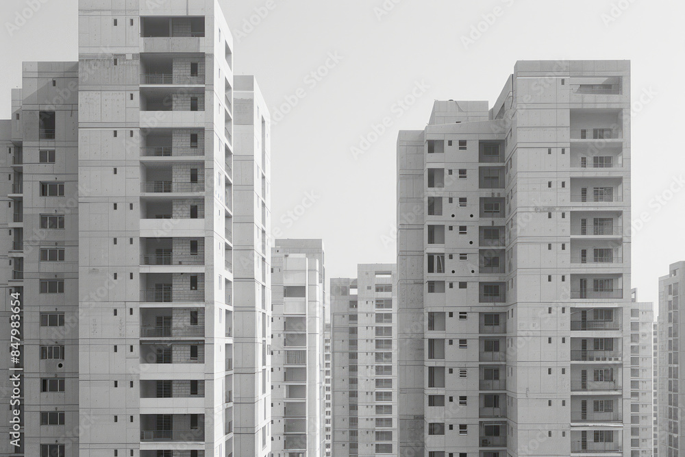 Minimalist image of multiple high-rise buildings being constructed in an organized, geometric layout, Minimalist image of multiple high-rise buildings being constructed in an organized, geometric layout,