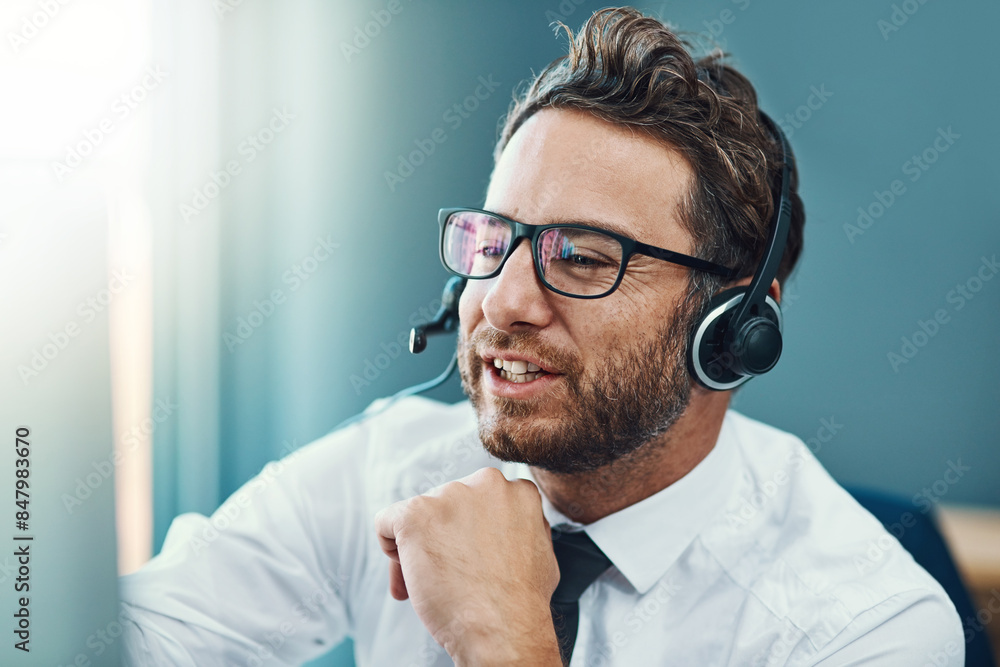 Businessman, speak and call center or headset, help desk and friendly customer service for online advice. Tech support, telesales and office for communication, agent and consultation professional Businessman, speak and call center or headset, help desk and friendly customer service for online advice. Tech support, telesales and office for communication, agent and consultation professional