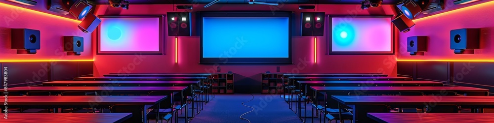 Digital art of a futuristic classroom with robots assisting students, holograms, neon lights, advanced learning technology, 3D render Digital art of a futuristic classroom with robots assisting students, holograms, neon lights, advanced learning technology, 3D render