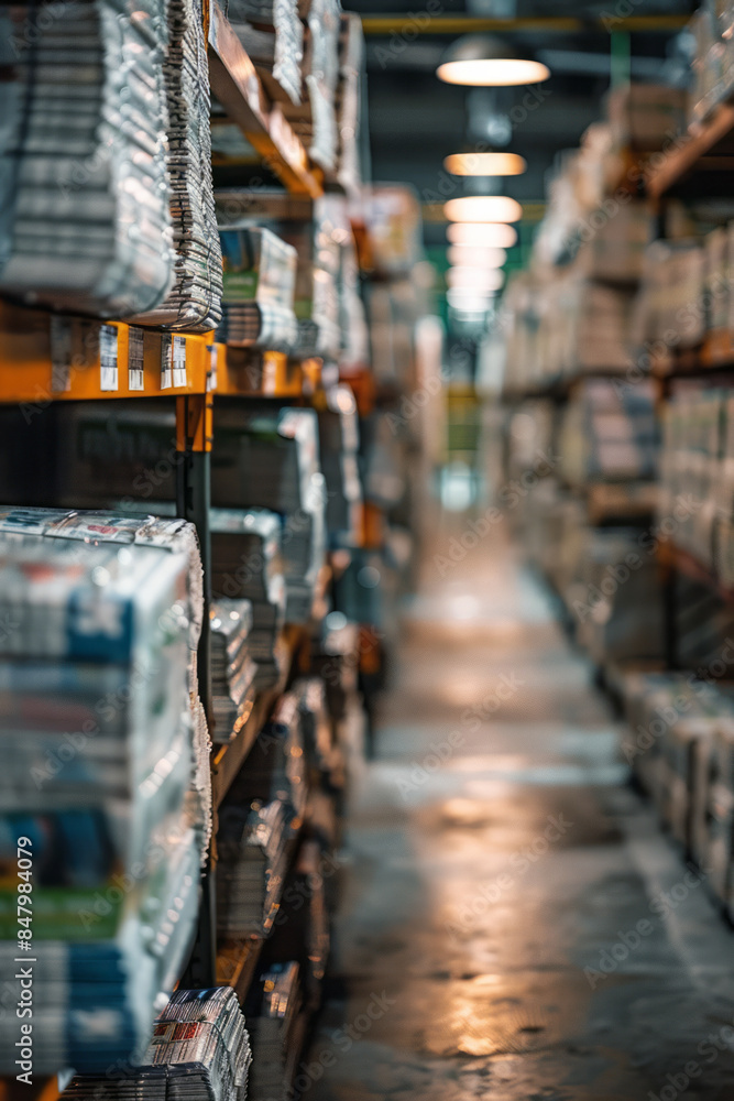 Minimalist aesthetic image of stacked newspapers in a modern print facility, Minimalist aesthetic image of stacked newspapers in a modern print facility,