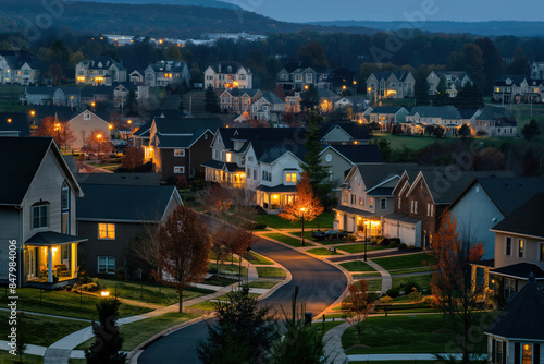 Fototapeta Naklejka Na Ścianę i Meble -  Night view of residential area in small American town located at countryside AI Generative