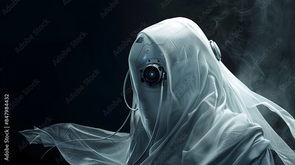 Ghostly Robot Apparition Emerging from Ethereal Mist in Moody Sci Fi Atmosphere Ghostly Robot Apparition Emerging from Ethereal Mist in Moody Sci Fi Atmosphere