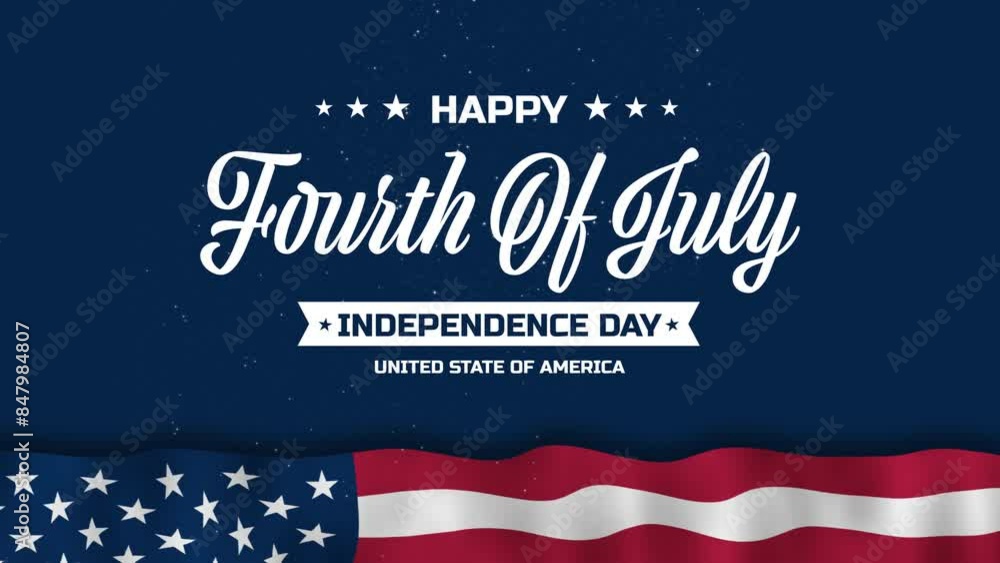Happy Fourth of July Text Animation with Waving American Flag on Dark Blue Background Happy Fourth of July Text Animation with Waving American Flag on Dark Blue Background