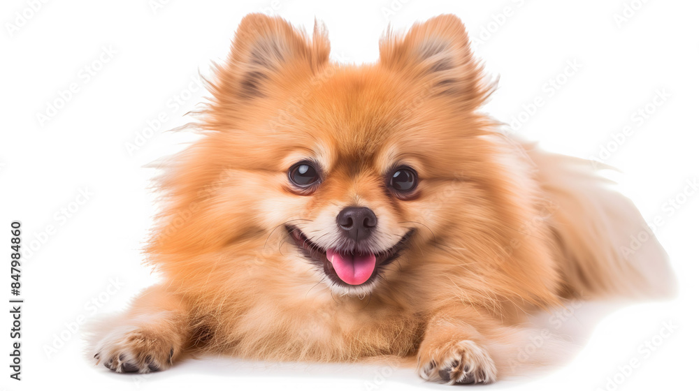 A happy Pomeranian dog with a pink tongue is laying on a white background A happy Pomeranian dog with a pink tongue is laying on a white background
