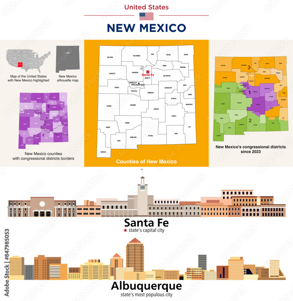 Obraz premium New Mexico counties map and congressional districts since 2023 map. Santa Fe (state's capital city) and Albuquerque (state's most populous city) skylines. Vector set