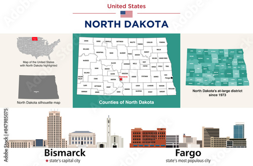 North Dakota counties map and congressional districts since 2023 map. Bismarck (state's capital city) and Fargo (state's most populous city) skylines. Vector set