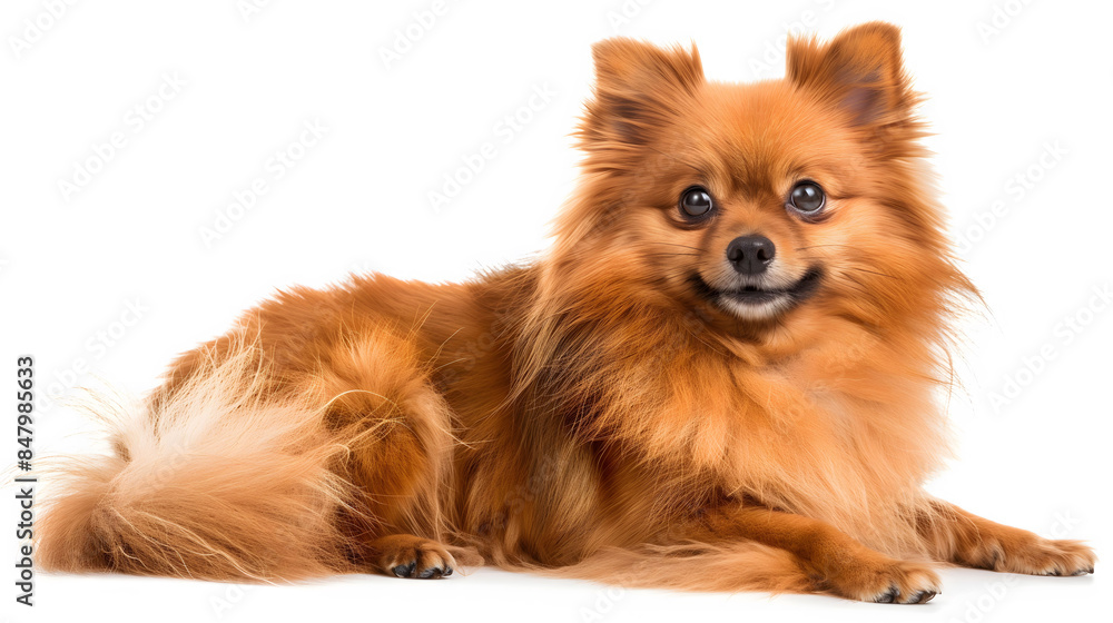 A happy Pomeranian dog is laying on a white background A happy Pomeranian dog is laying on a white background