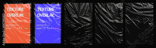 Realistic Black Plastic Wrinkle Textures on Transparent Background - Vector Set for Design Projects and Overlays