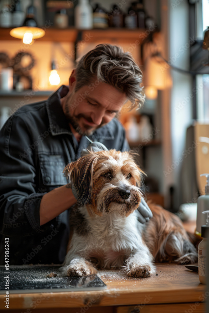 Elegant shot of a groomer trimming a dog's fur in a serene, uncluttered environment. Elegant shot of a groomer trimming a dog's fur in a serene, uncluttered environment.
