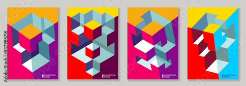 Modern abstract covers set with 3D geometric colorful background for cover design, brochure, catalog, menu design, social media, flyer, cards, poster. Op art vector illustration with optical illusion