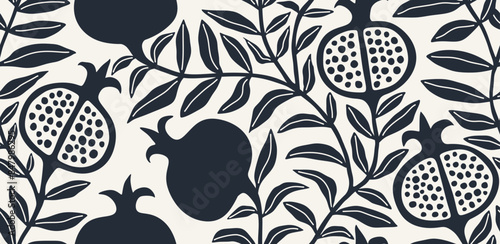 Pomegranate and leaves abstract seamless pattern.