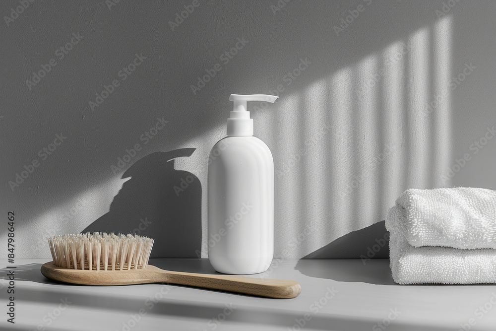 Minimalist aesthetic image of a dog shampoo bottle and a grooming brush on a clean surface, Minimalist aesthetic image of a dog shampoo bottle and a grooming brush on a clean surface,