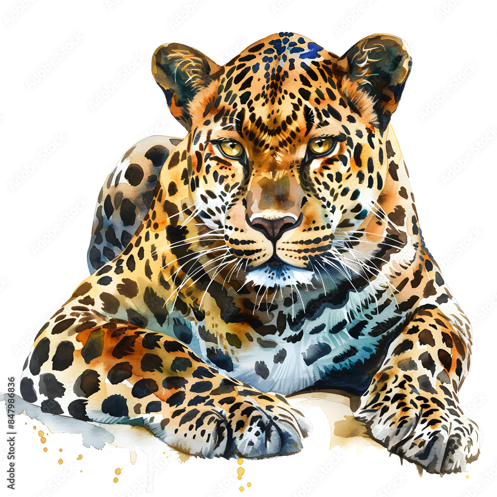Obraz premium Vivid illustration of a majestic leopard lying down isolated on transparency background, PNG cut out, showcasing its distinctive spots and intense gaze. Perfect for wildlife themes.