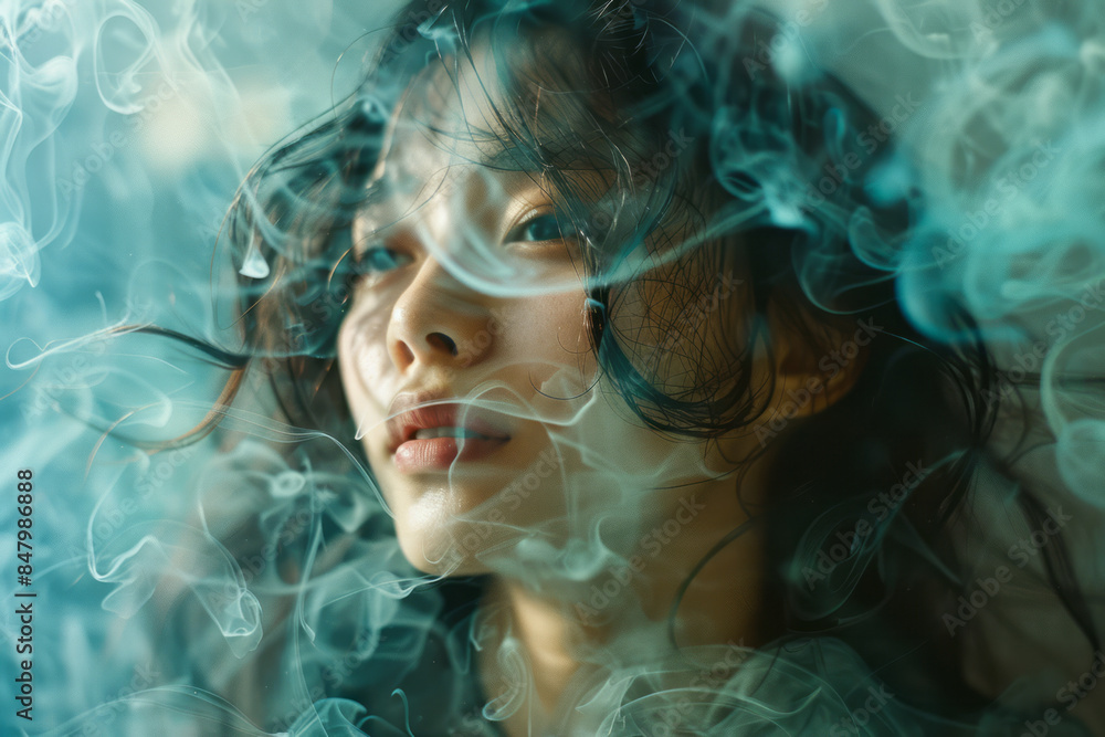 Creative image of a woman with water swirling around her, creating a misty aura, Creative image of a woman with water swirling around her, creating a misty aura,