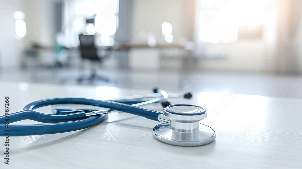 Medical Equipment Focus on a stethoscope, placed on a clean white table Background is a bright examination room, empty space center for text Medical Equipment Focus on a stethoscope, placed on a clean white table Background is a bright examination room, empty space center for text