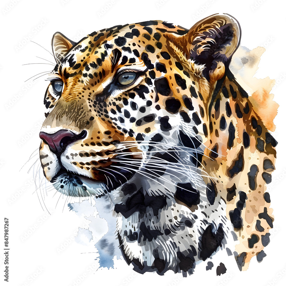 Obraz premium Colorful artistic portrait of a leopard with intricate details on the fur and striking eyes isolated on transparency background, PNG cut out.