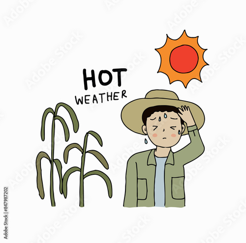 Man sweating, sunburnt from the sun. Farmer in hot weather. Hand drawn style vector illustration.