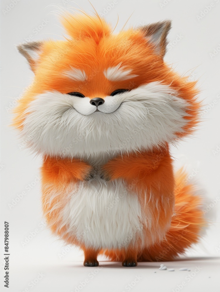 Obraz premium A fluffy orange fox with white fur stands on a white background, smiling with a happy expression