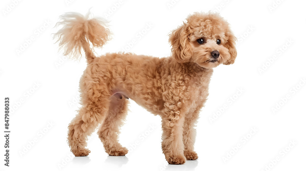 A small brown dog with a fluffy tail stands on a white background A small brown dog with a fluffy tail stands on a white background