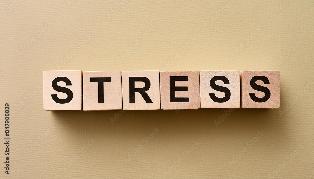 Obraz premium Wooden cubes with text STRESS. Feeling of emotional or physical tension. Top view.