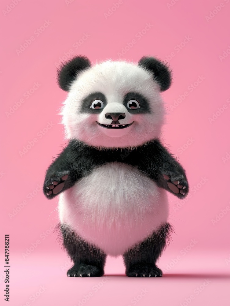 A cute, cartoon panda cub with big, bright eyes and a friendly smile stands on a pink background A cute, cartoon panda cub with big, bright eyes and a friendly smile stands on a pink background